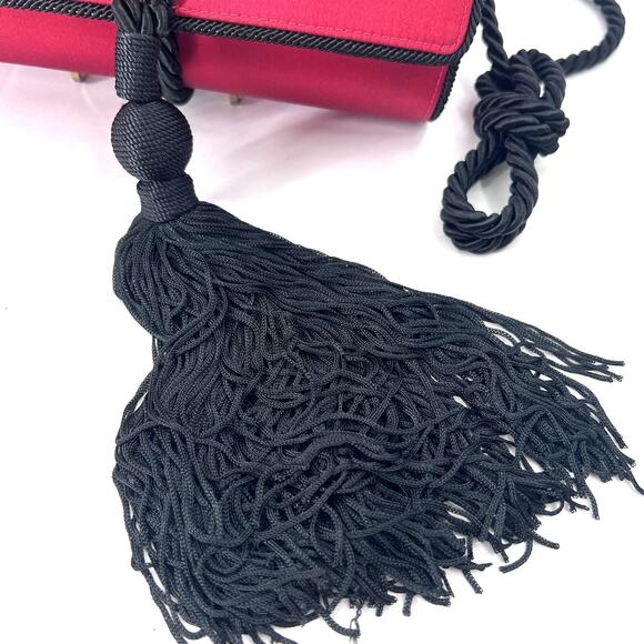 Rare Salvatore Ferragamo Red Satin Black Tassel Evening Clutch Crossbody Handbag - Picture 3 of 10
